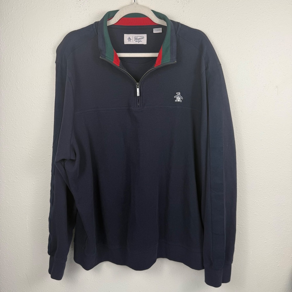 Original Penguin Mens XXL Quarter Zip Pullover Navy Blue Striped Collar Logo